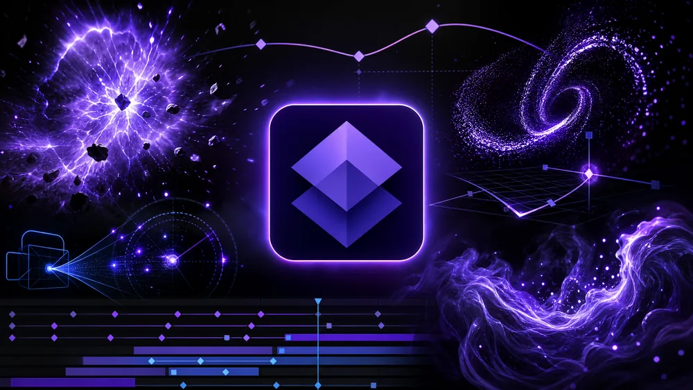 After Effects 特效合成课程封面，紫色粒子与关键帧曲线